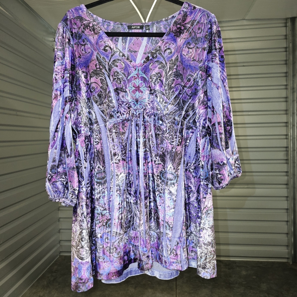 1X APT 9 Velvet V-neck 3/4 sleeves blue purple tie dye Babydoll Tunic